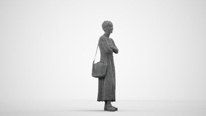 3D human model senior woman standing, photogrammetry scanned person for archviz, wireframe side view
