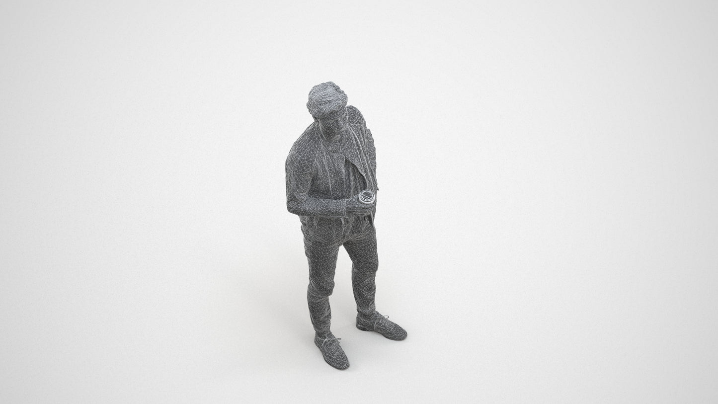 photogrammetry 3D man casual standing, realistic human model archviz FBX, wireframe three-quarter view