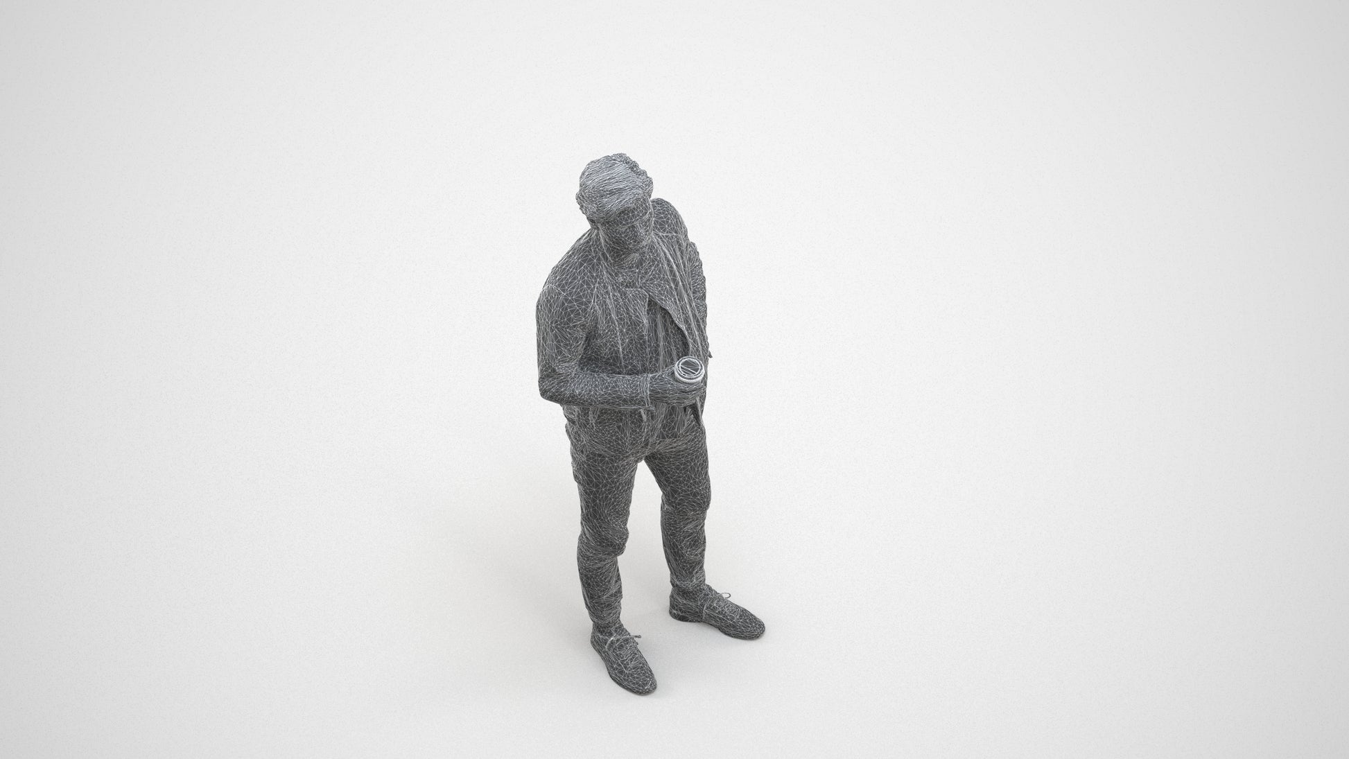 photogrammetry 3D man casual standing, realistic human model archviz FBX, wireframe three-quarter view