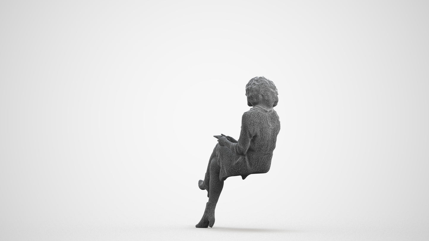 realistic 3D woman casual sitting, scanned archviz people for Blender and 3ds Max, wireframe front view