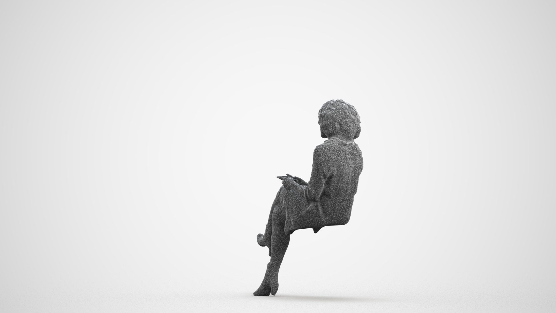 realistic 3D woman casual sitting, scanned archviz people for Blender and 3ds Max, wireframe front view
