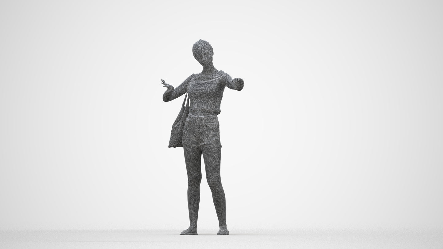 3D scanned girl standing casual, photorealistic archviz people for Enscape and SketchUp, wireframe back view
