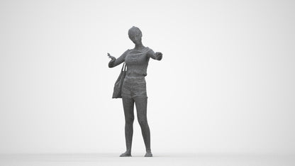 3D scanned girl standing casual, photorealistic archviz people for Enscape and SketchUp, wireframe back view