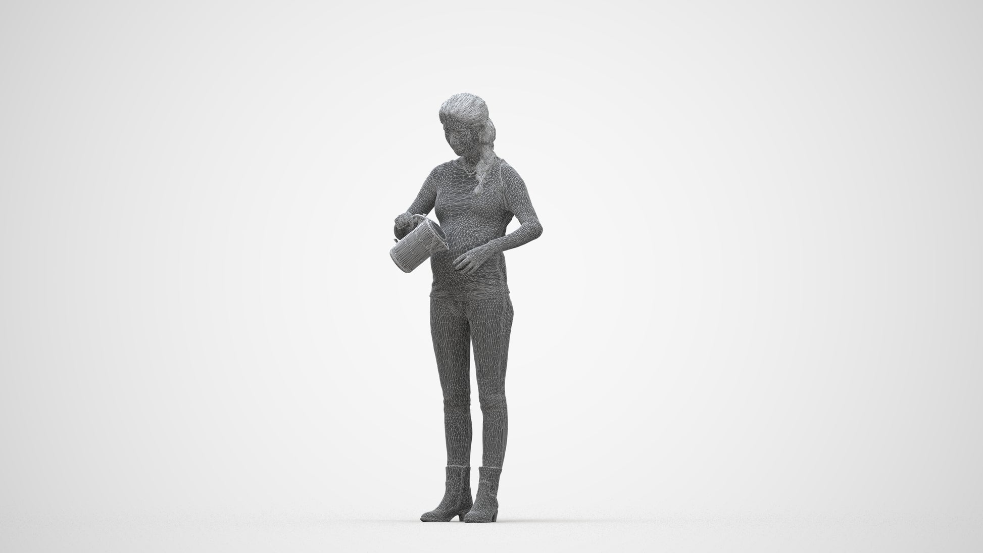 3D people model woman casual standing, scanned human for 3ds Max rendering, wireframe three-quarter view