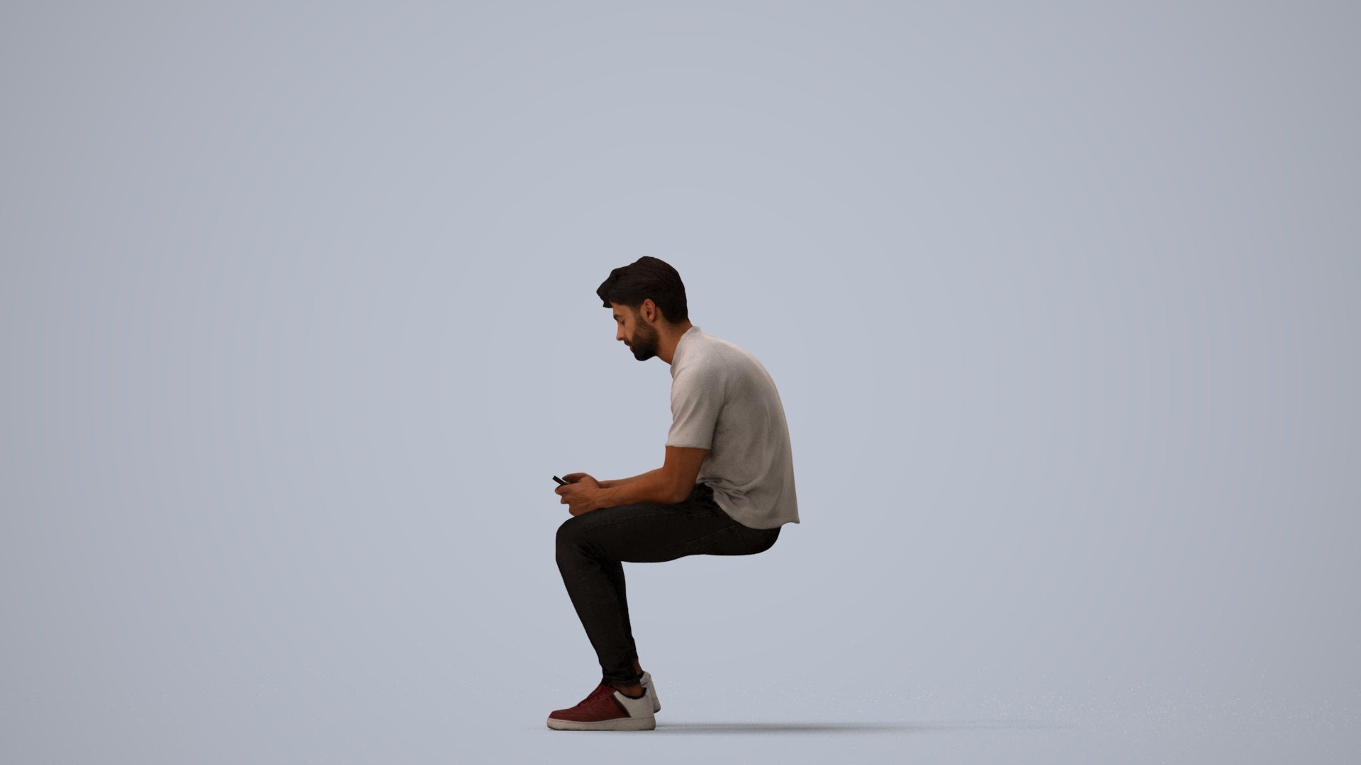 realistic 3D human man casual sitting, archviz people FBX OBJ for Blender, three-quarter view render