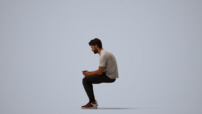 realistic 3D human man casual sitting, archviz people FBX OBJ for Blender, three-quarter view render