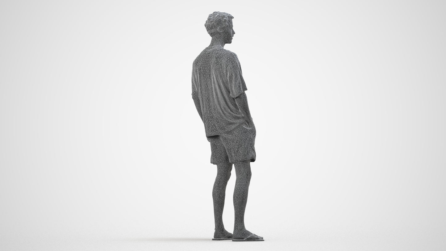 3D scanned man standing casual, photorealistic archviz people for Enscape and SketchUp, wireframe side view