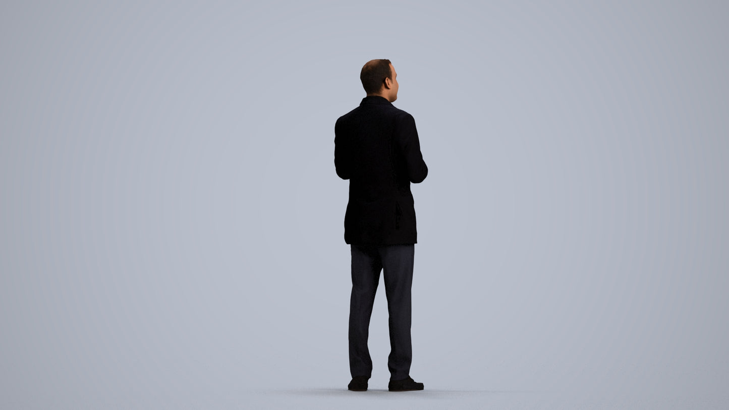 3D human model man formal standing, photogrammetry scanned person for archviz, front view render