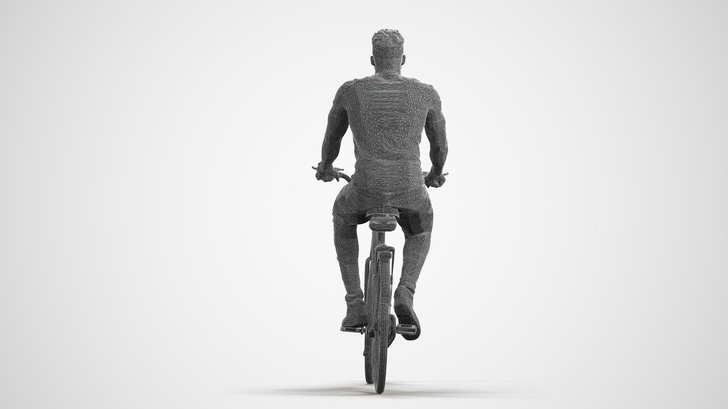 scanned 3D man casual cycling, photogrammetry people for Enscape and V-Ray, wireframe front view