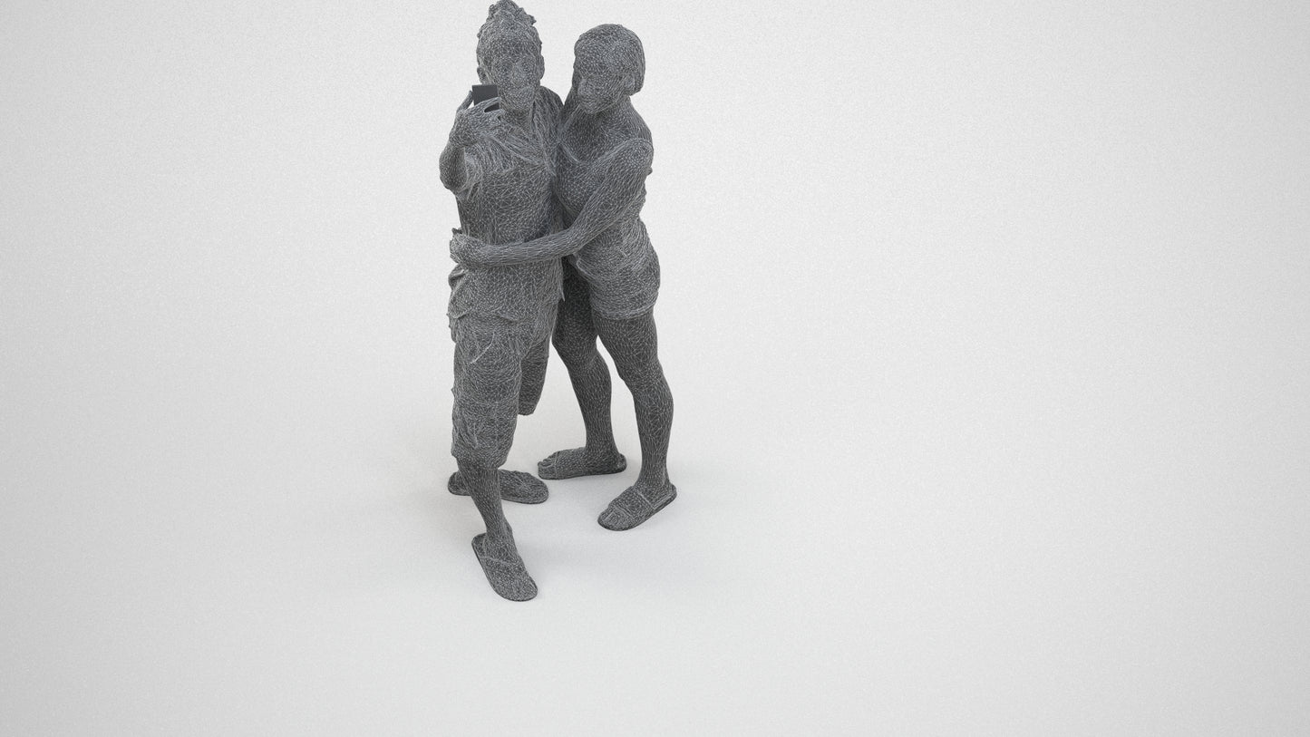 3D human model woman couple, photogrammetry scanned person for archviz, wireframe three-quarter view