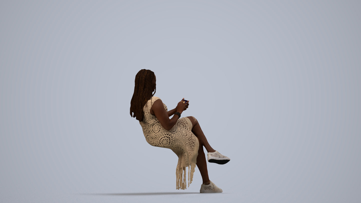 realistic 3D human woman casual sitting, archviz people FBX OBJ for Blender, side view render