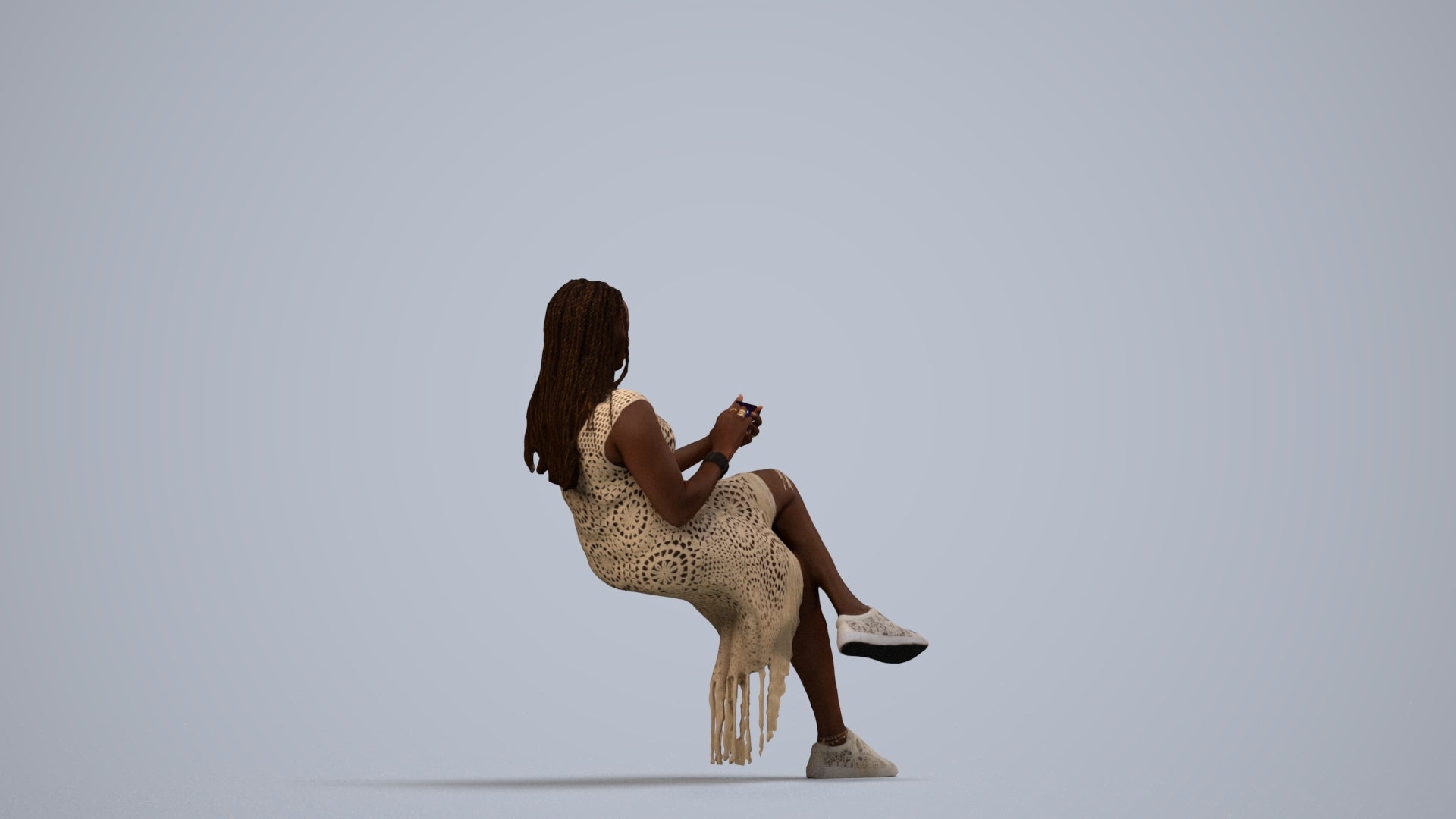 realistic 3D human woman casual sitting, archviz people FBX OBJ for Blender, side view render
