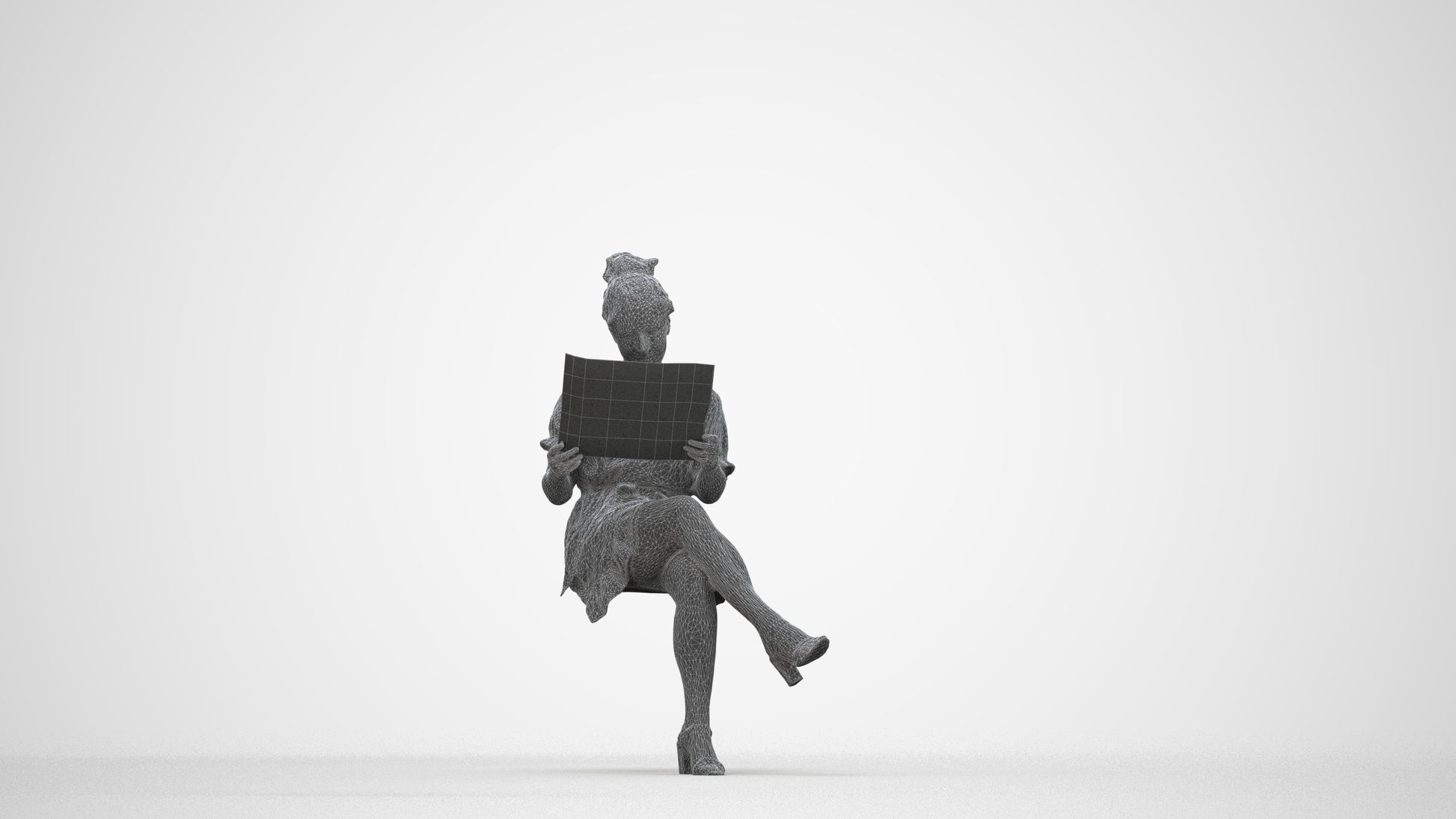 photogrammetry 3D woman casual sitting, realistic human model archviz FBX, wireframe back view