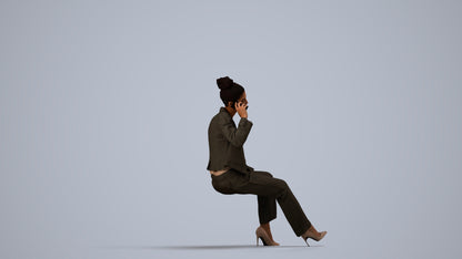 3D human model woman business sitting, photogrammetry scanned person for archviz, side view render