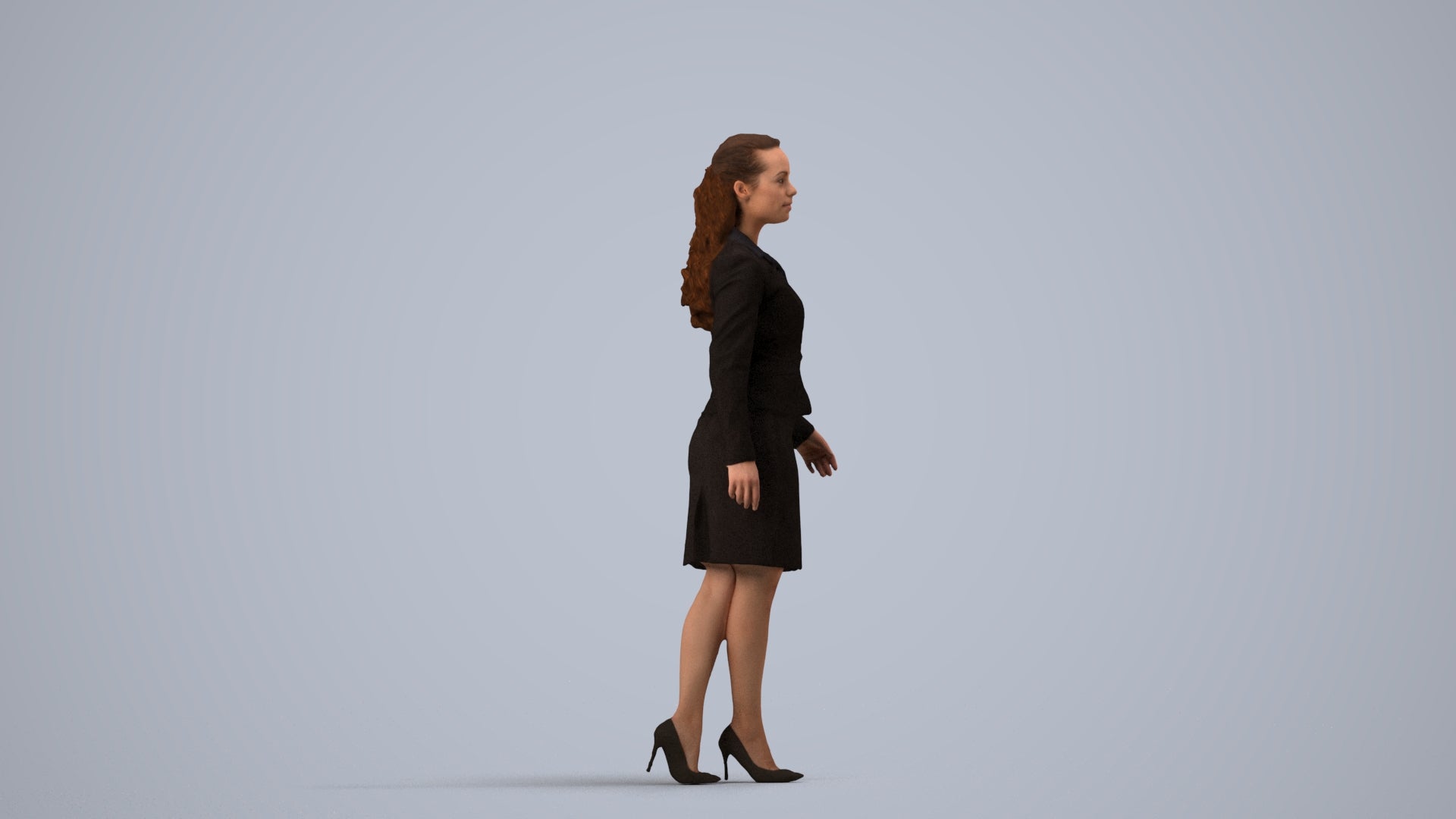 realistic 3D human woman business, archviz people FBX OBJ for Blender, side view render
