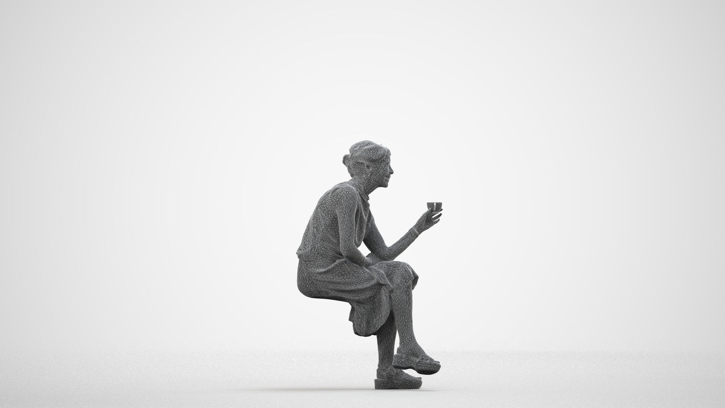 scanned 3D woman casual sitting, photogrammetry people for Enscape and V-Ray, wireframe side view