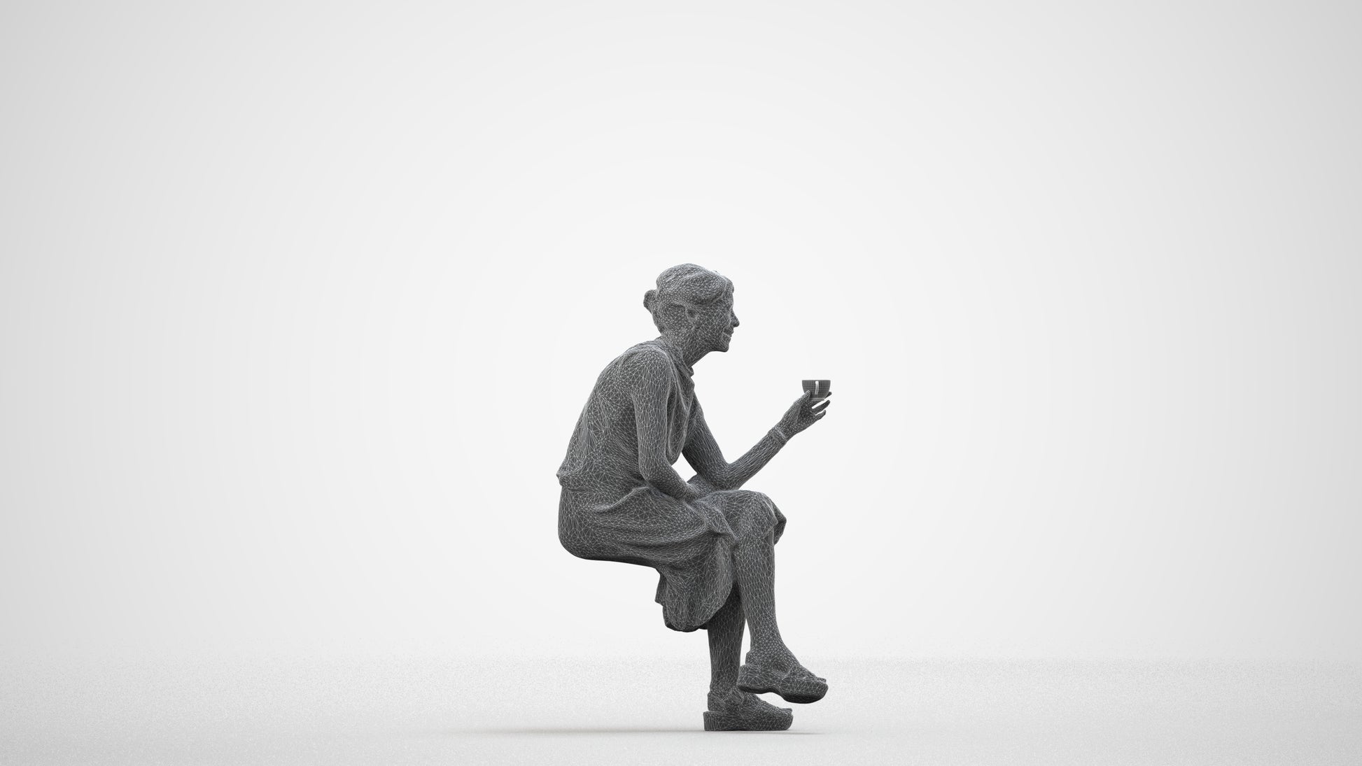 scanned 3D woman casual sitting, photogrammetry people for Enscape and V-Ray, wireframe side view