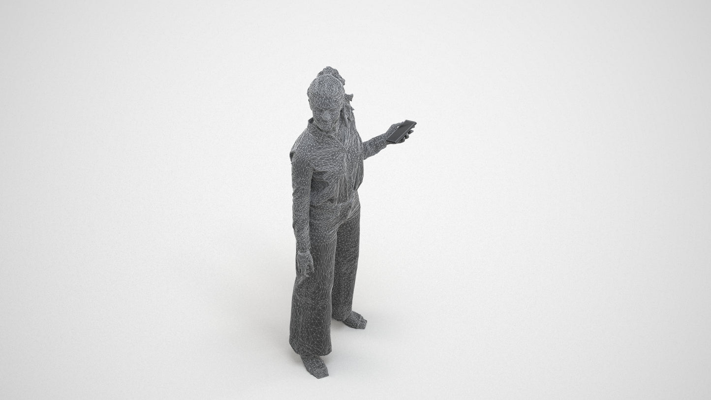 3D scanned woman standing casual, photorealistic archviz people for Enscape and SketchUp, wireframe three-quarter view