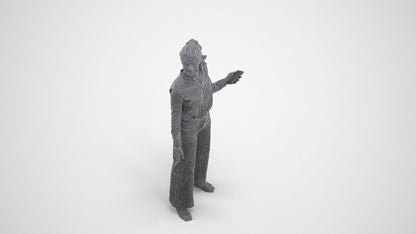 3D scanned woman standing casual, photorealistic archviz people for Enscape and SketchUp, wireframe three-quarter view