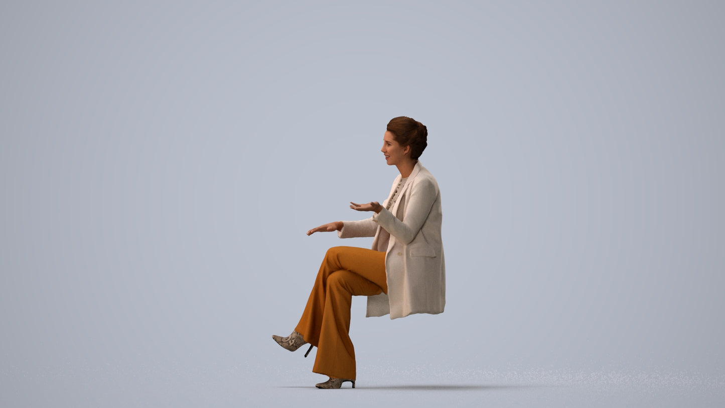 3D scanned woman sitting business, photorealistic archviz people for Enscape and SketchUp, three-quarter view render