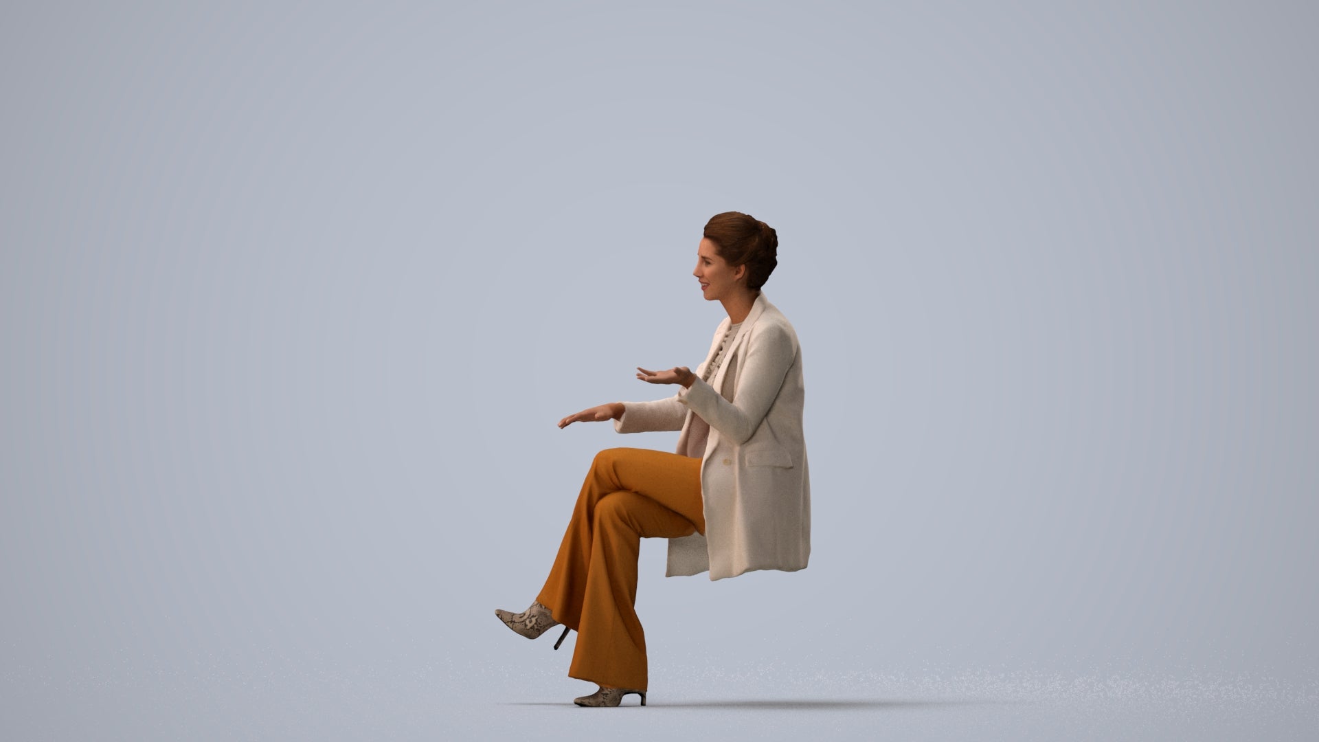 3D scanned woman sitting business, photorealistic archviz people for Enscape and SketchUp, three-quarter view render