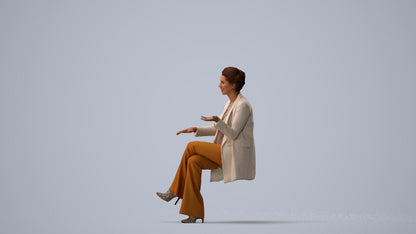 3D scanned woman sitting business, photorealistic archviz people for Enscape and SketchUp, three-quarter view render