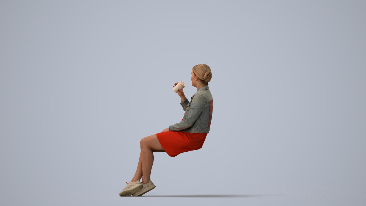 scanned 3D woman casual sitting, photogrammetry people for Enscape and V-Ray, three-quarter view render