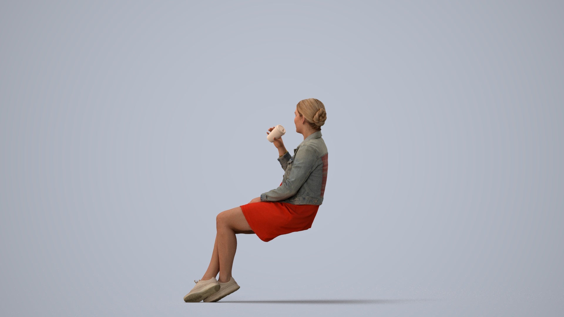 scanned 3D woman casual sitting, photogrammetry people for Enscape and V-Ray, three-quarter view render