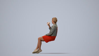 scanned 3D woman casual sitting, photogrammetry people for Enscape and V-Ray, three-quarter view render