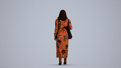 3D human model woman casual walking, photogrammetry scanned person for archviz, front view render