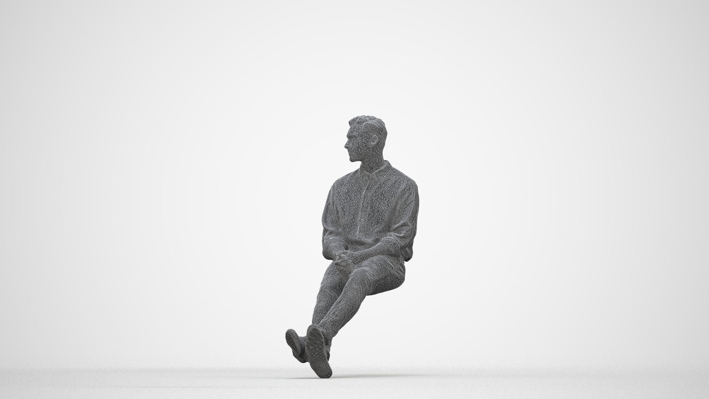 scanned 3D man casual sitting, photogrammetry people for Enscape and V-Ray, wireframe back view