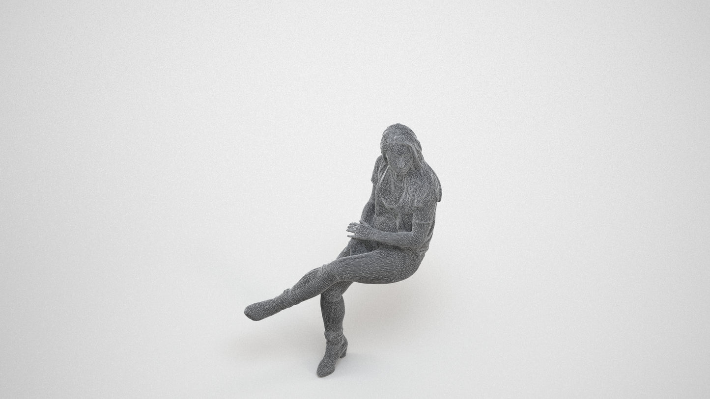 realistic 3D people woman casual sitting, render-ready for V-Ray and Corona, FBX OBJ, wireframe three-quarter view