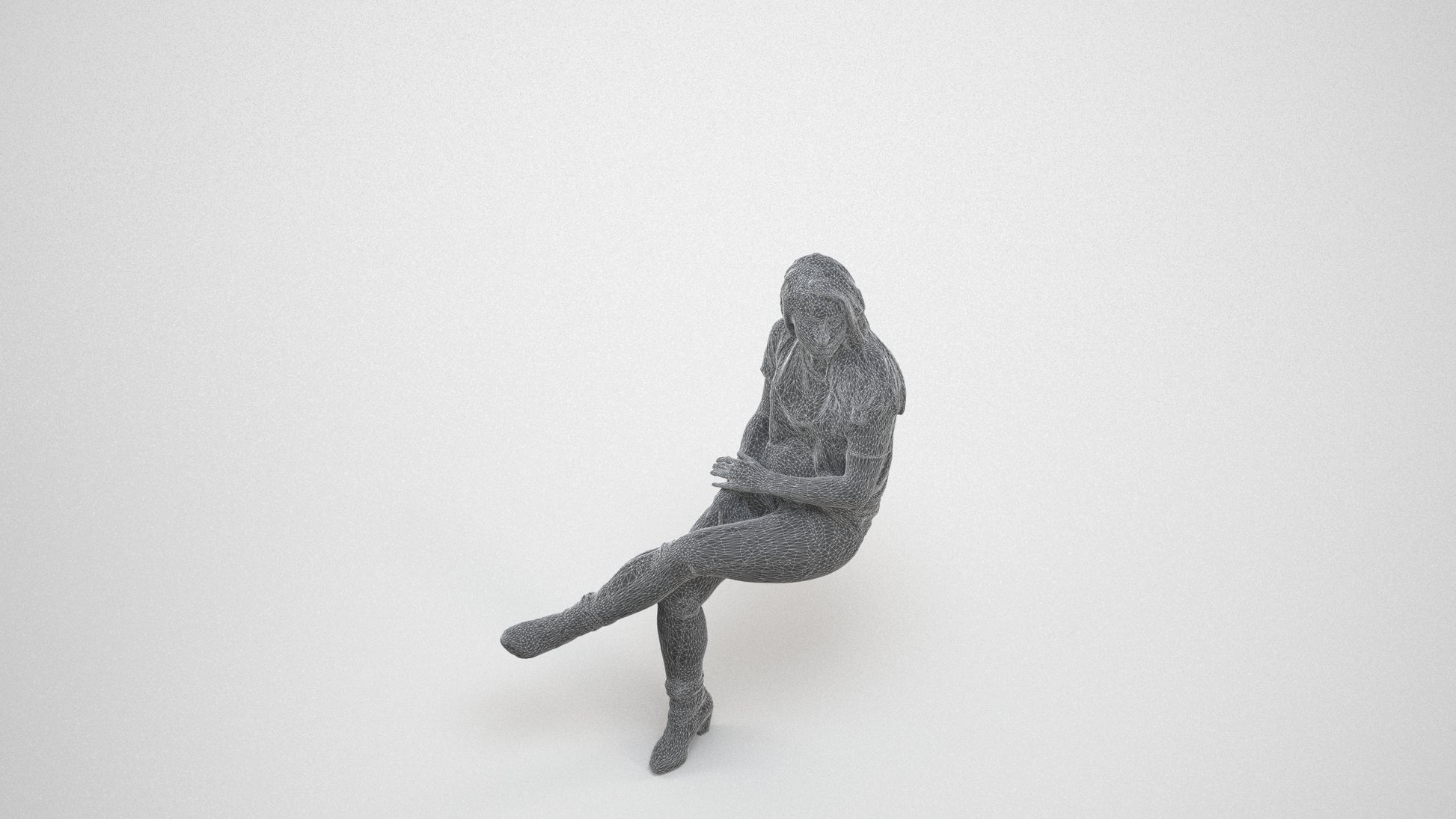 realistic 3D people woman casual sitting, render-ready for V-Ray and Corona, FBX OBJ, wireframe three-quarter view