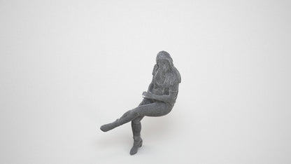 realistic 3D people woman casual sitting, render-ready for V-Ray and Corona, FBX OBJ, wireframe three-quarter view