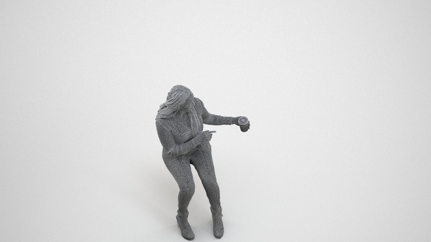 realistic 3D woman casual sitting, scanned archviz people for Blender and 3ds Max, wireframe three-quarter view