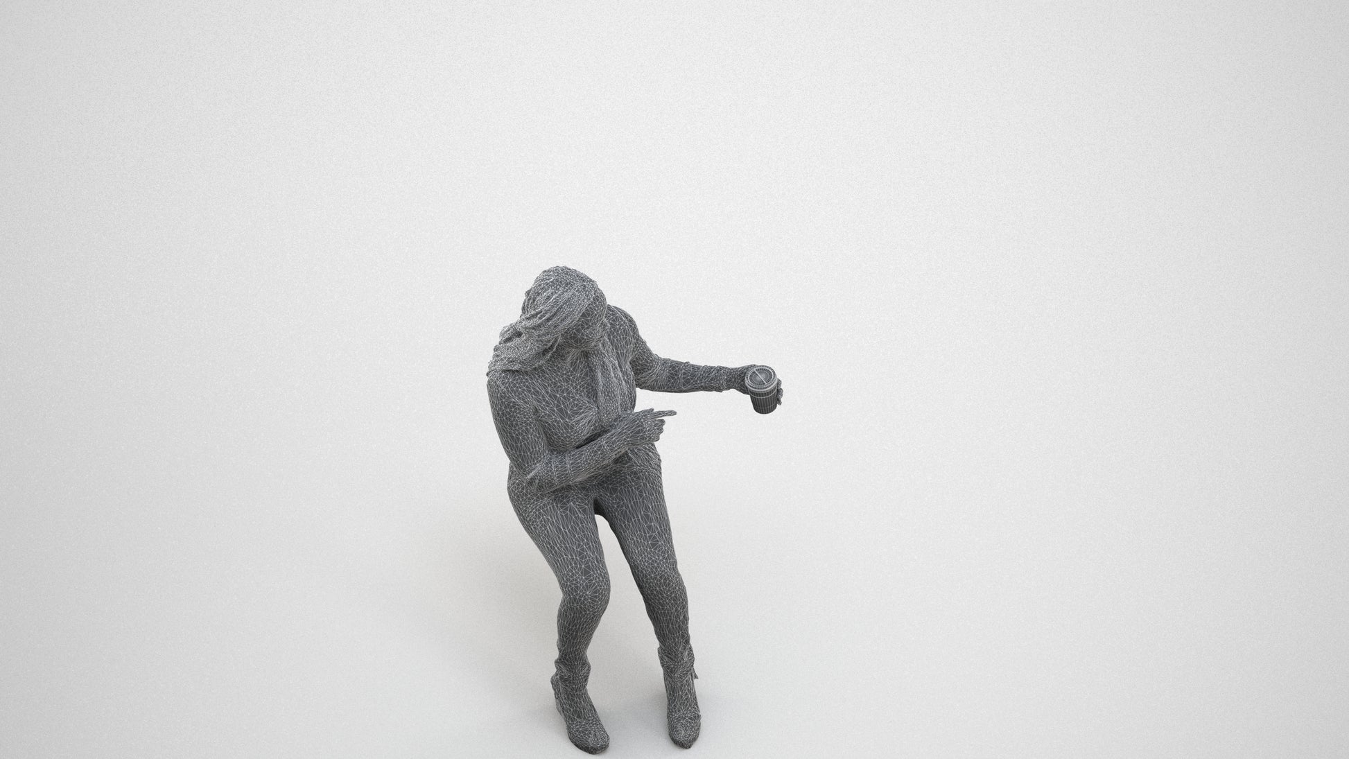realistic 3D woman casual sitting, scanned archviz people for Blender and 3ds Max, wireframe three-quarter view