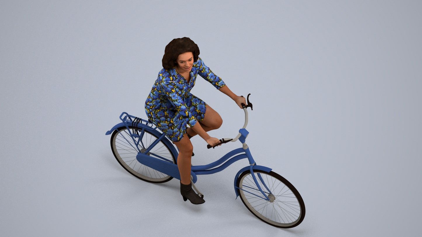 photogrammetry 3D woman casual cycling, realistic human model archviz FBX, back view render