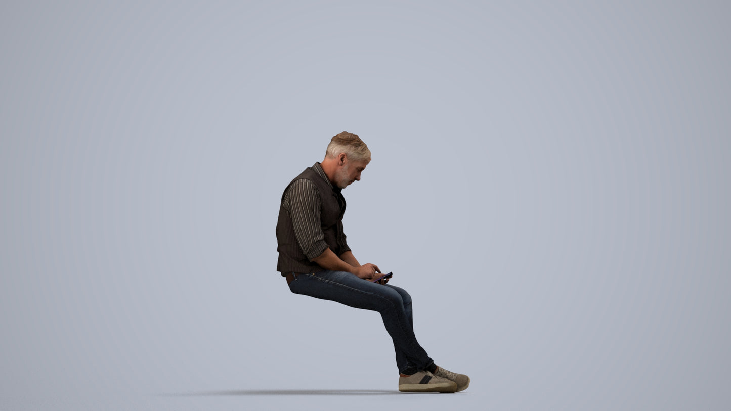 scanned 3D man casual sitting, photogrammetry people for Enscape and V-Ray, side view render