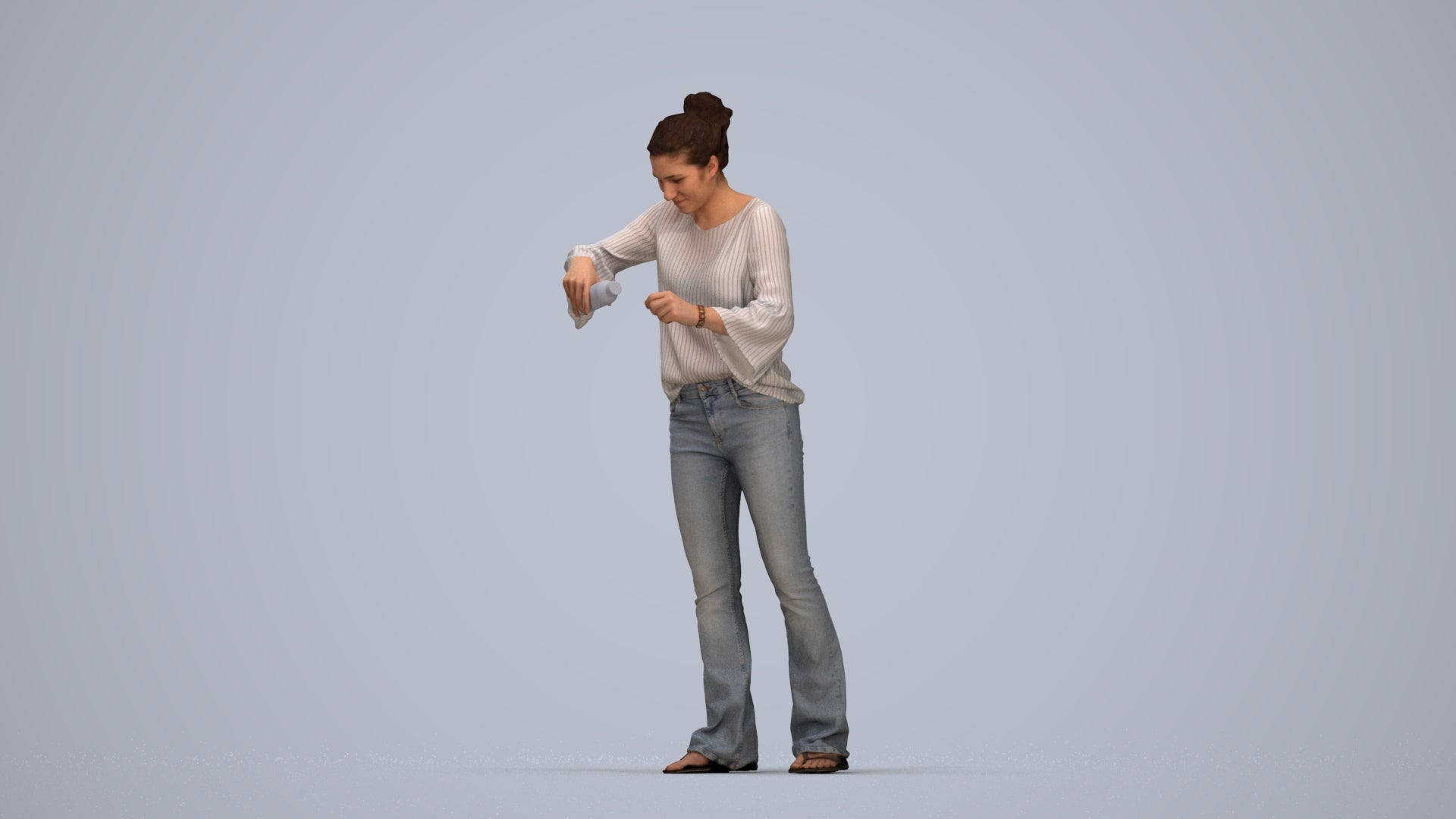 3D scanned woman standing casual, photorealistic archviz people for Enscape and SketchUp, top-down view render