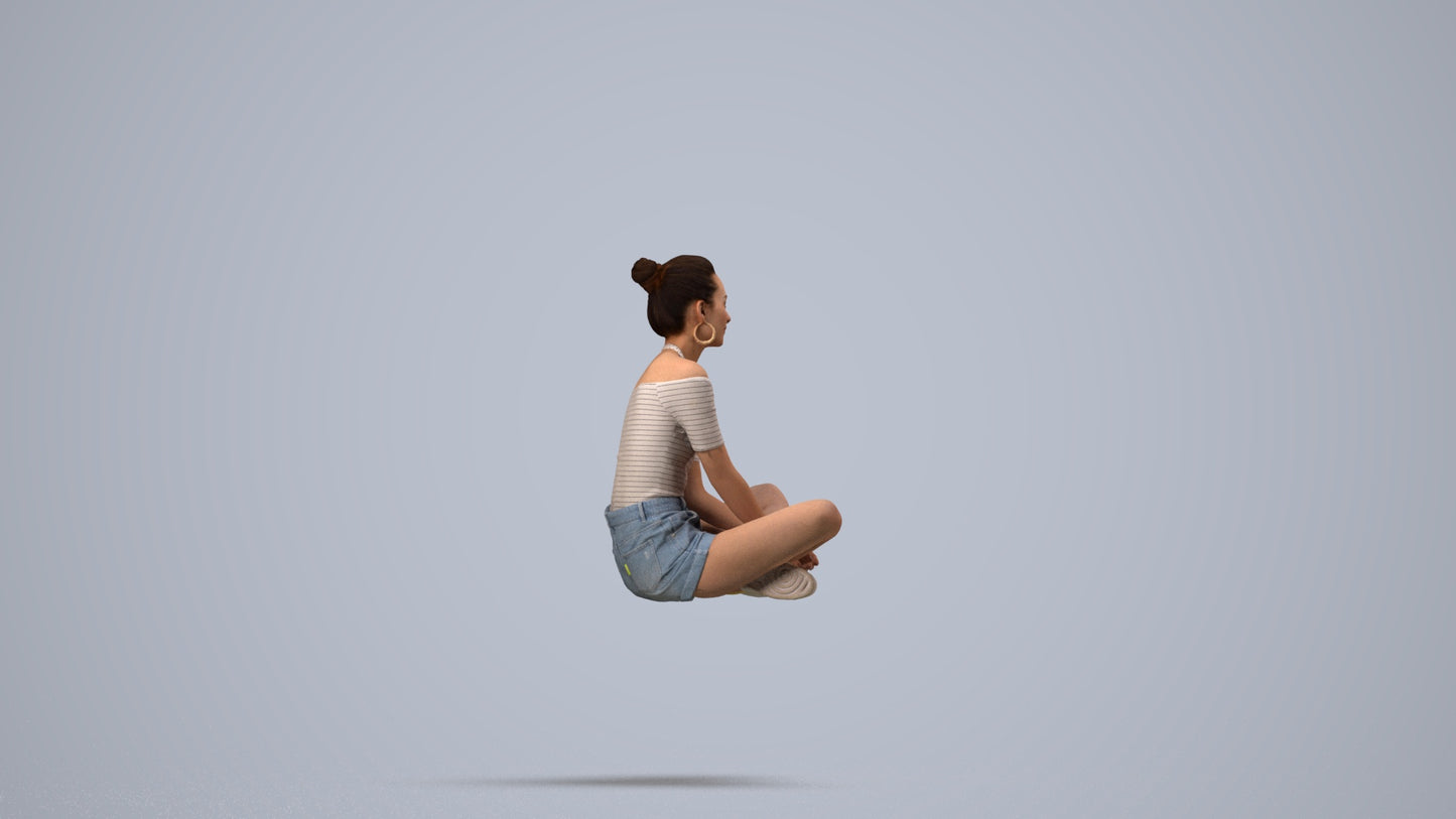 scanned 3D woman casual sitting, photogrammetry people for Enscape and V-Ray, side view render