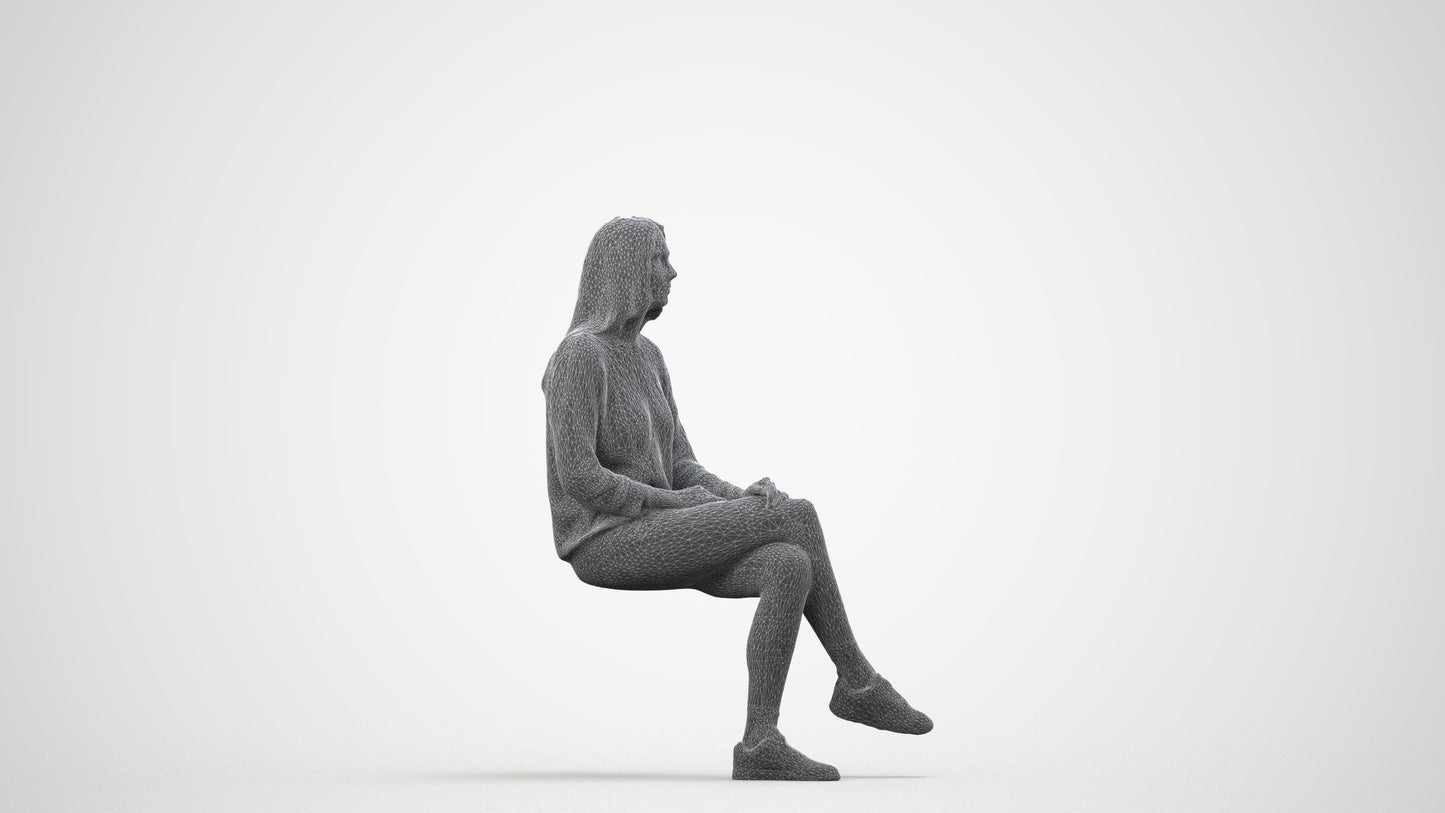 realistic 3D human woman casual sitting, archviz people FBX OBJ for Blender, wireframe side view