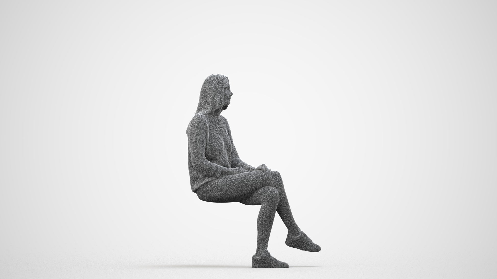 realistic 3D human woman casual sitting, archviz people FBX OBJ for Blender, wireframe side view