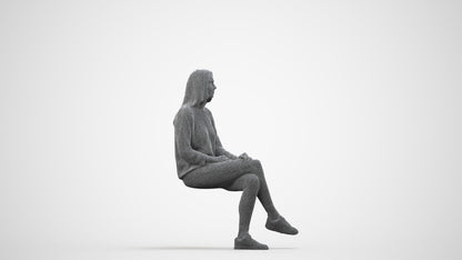 realistic 3D human woman casual sitting, archviz people FBX OBJ for Blender, wireframe side view
