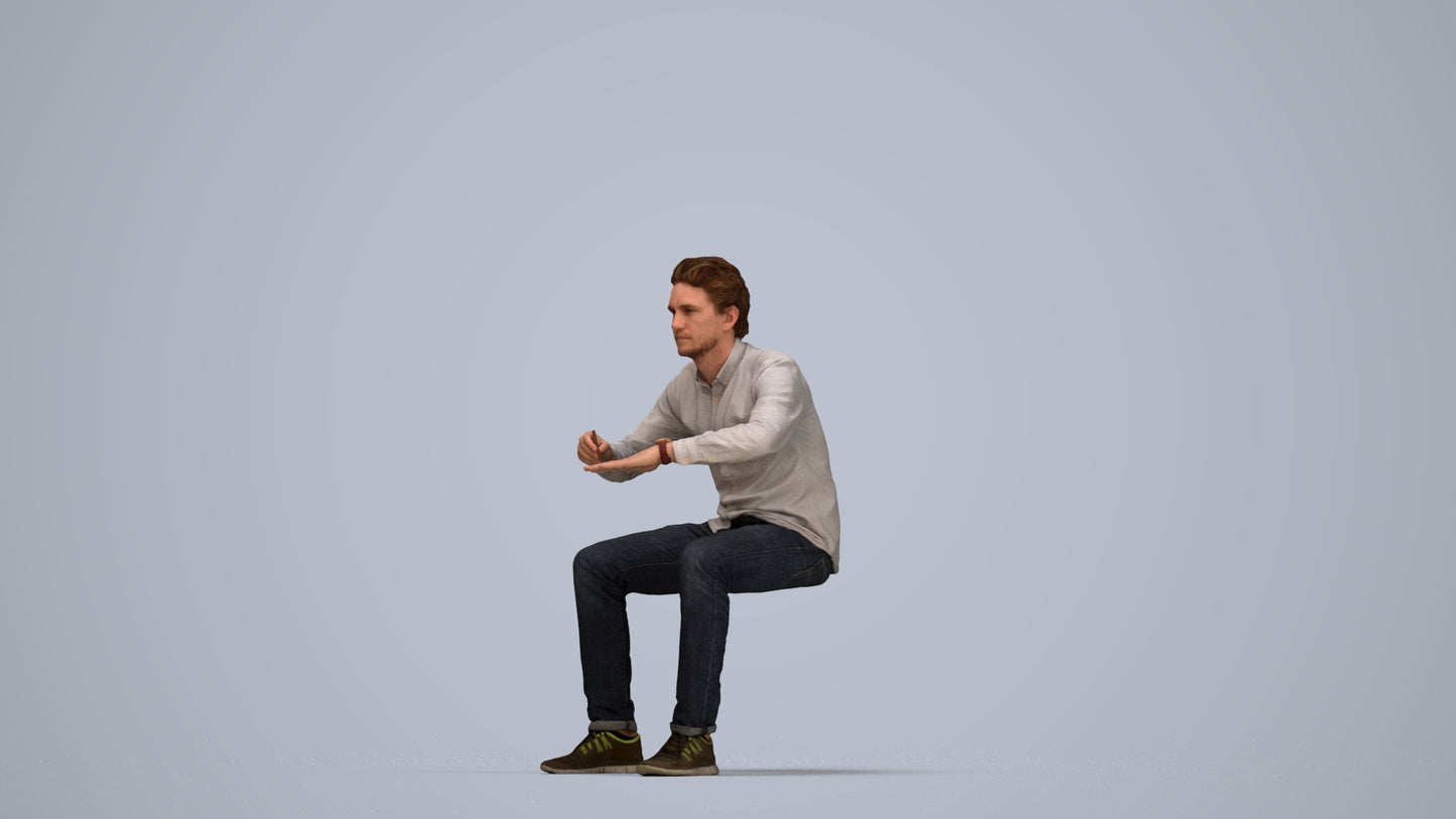 3D people model man casual sitting, scanned human for 3ds Max rendering, top-down view render