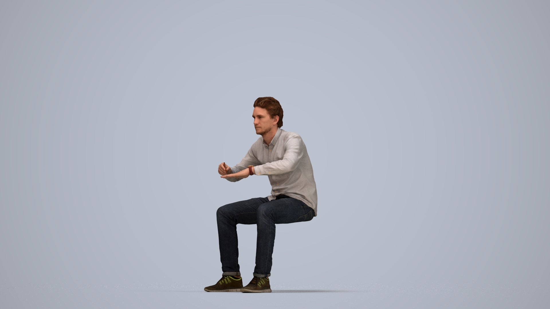 3D people model man casual sitting, scanned human for 3ds Max rendering, top-down view render