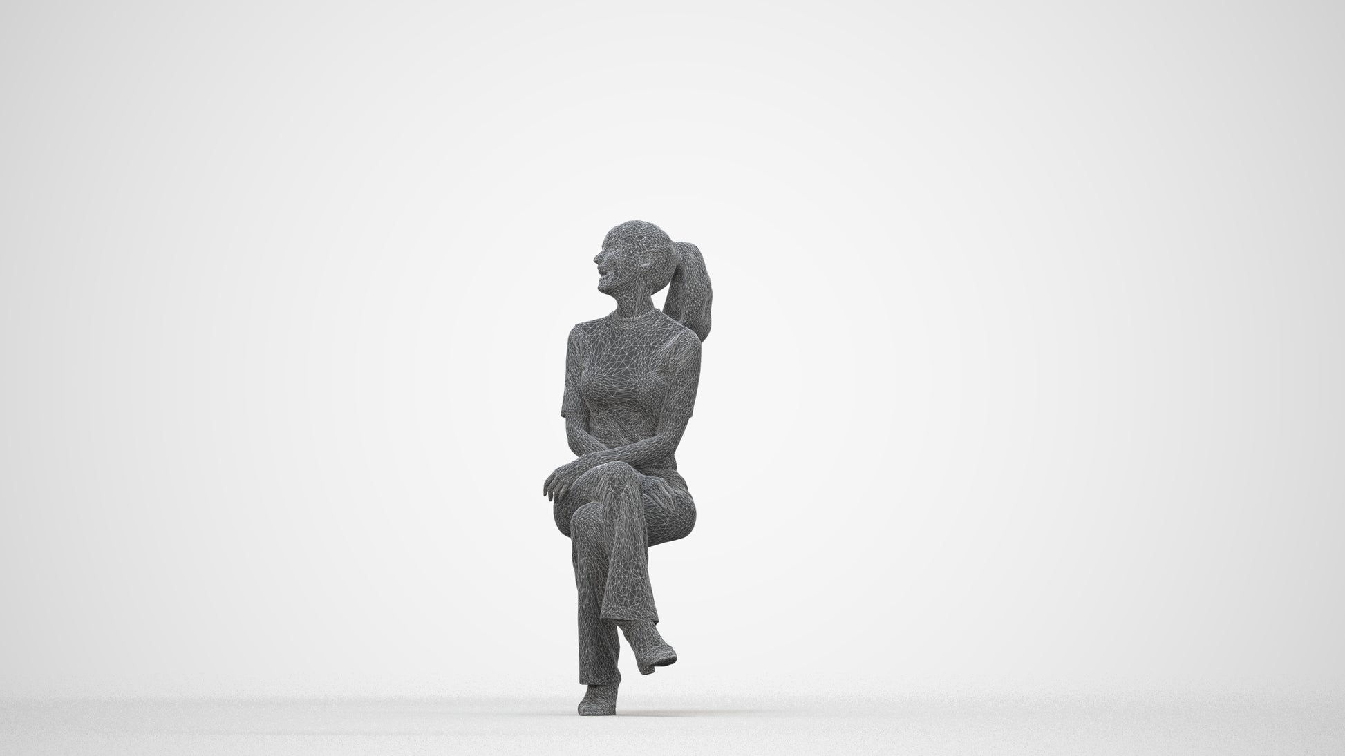photogrammetry 3D woman casual sitting, realistic human model archviz FBX, wireframe back view