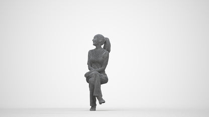 photogrammetry 3D woman casual sitting, realistic human model archviz FBX, wireframe back view