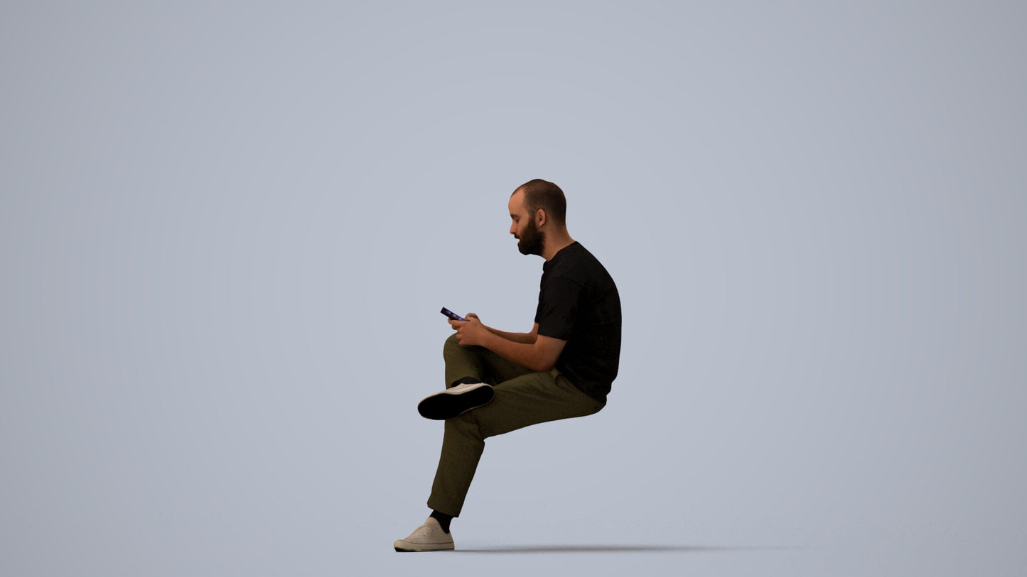 3D scanned man sitting casual, photorealistic archviz people for Enscape and SketchUp, three-quarter view render