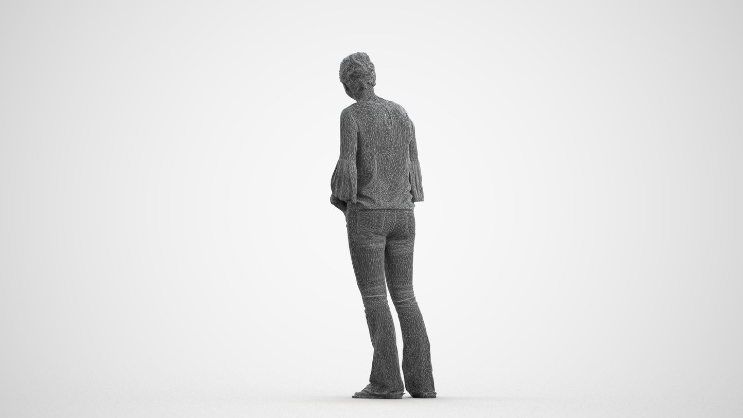 realistic 3D human woman casual standing, archviz people FBX OBJ for Blender, wireframe front view