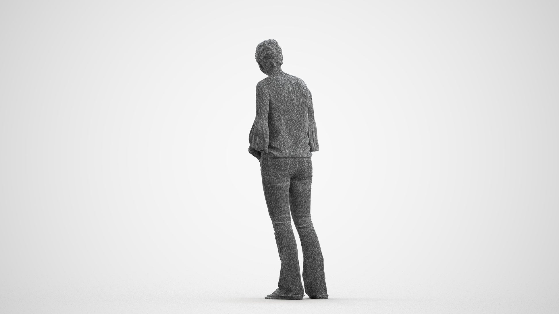 realistic 3D human woman casual standing, archviz people FBX OBJ for Blender, wireframe front view